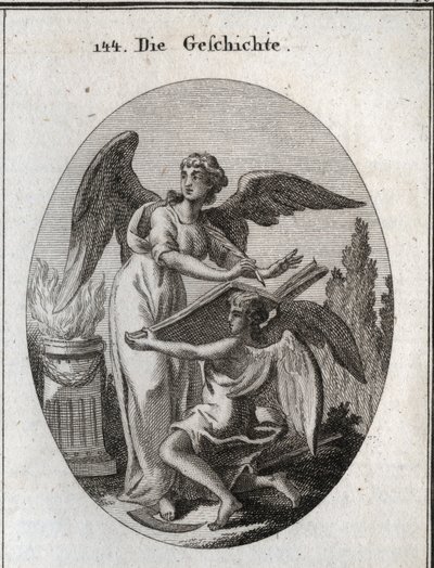 Allegory of history. His actions of listening and writing on a great book supported by time means the action of being informed to retranscribe the memory of past things. Engraving in “” Iconologie oder Ideen aus dem Gebiete der Leidenschaften und Allegorie av Austrian School