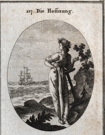 Allegori om håp hviler på et anker og observerer et skip i horisonten. Gravering i "" ikonologi eller ideer fra feltet lidenskaper og allegorier avbildet for tegnere, malere, poeter, lærde, lærere og venner av høyere historie av Austrian School