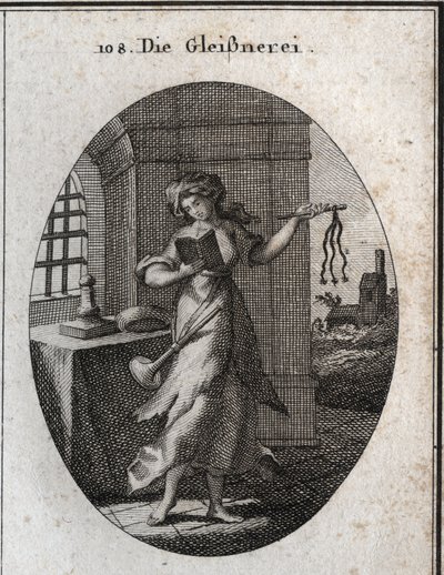 Allegory of hypocrisy holding a prayer book and discipline (swift, whip). The trumpet she has on her shoulder marks that she publishes her good works with emphasis. Engraving in “” Iconologie oder Ideen aus dem Gebiete der Leidenschaften und Allegorien bil av Austrian School