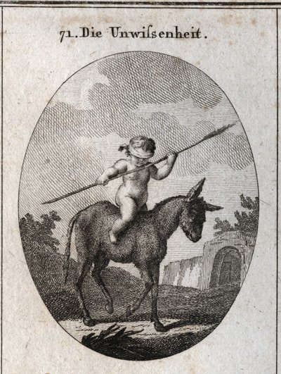 Allegory of ignorance represented by a child rides on a donkey, his eyes strips with a reed cane (symbolizing the empty brain). Engraving in “” Iconologie oder Ideen aus dem Gebiete der Leidenschaften und Allegorien bildich dargestellt fur Zeichner, Mahler av Austrian School