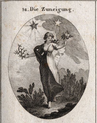 Allegori om tilbøyelighet. Hun holder en bukett roser og en bukett torner og ser ubesluttsom ut i valget. Bak den er en lys og gunstig stjerne (den fra jupiter) og en mørk og skadelig stjerne (den fra Saturn). Gravering i "" Iconologie eller Ideen av Austrian School