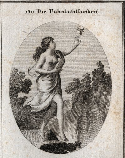 Allegory of inconsideration. She walks looking at a butterfly without seeing that there is a precipice at her feet. The compas and the rules show that she doesn