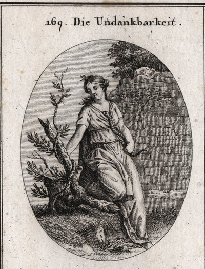 Allegory of ingratitude. A woman who heats a snake in her breast gets bitten. The ivy branch is the symbol of ingratitude as it destroys itself which serves as a support to rise. Engraving in “” Iconologie oder Ideen aus dem Gebiete der Leidenschaften und  av Austrian School