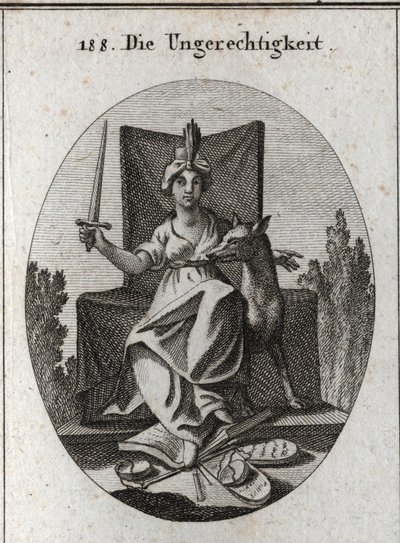 Allegory of injustice. She holds a sword that she rises and croweth at her feet the tables of divine laws and the book of human voices and the scales of justice that are broken. The wolf is the symbol of cruelty of rapine and greed. Engraving in “” Iconolo av Austrian School