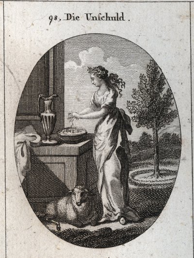 Allegory of innocence crowned with palm to mark that time makes her triumph over the slander that wants to oppress her. Its symbol is the lamb. Hand washing serves to publicly exonerate themselves from false accusations. Engraving in “” Iconologie oder Ide av Austrian School