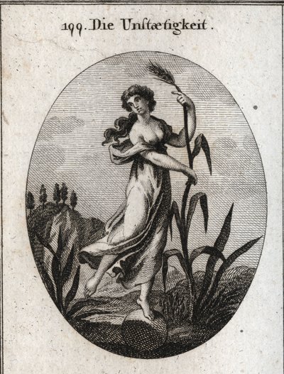 Allegory of instability stirred by the wind. It leans with both hands on a fragile reed and is placed only one foot on a ball. Engraving in “” Iconologie oder Ideen aus dem Gebiete der Leidenschaften und Allegorien bildich dargestellt fur Zeichner, Mahler, av Austrian School