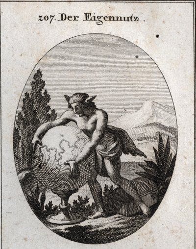 Allegori av interesse med ulveskinn. Han klemmer en jordklode. Dette emblemet betyr at grådighet er interesserte menneskers egen. Gravering i "" ikonologi eller ideer fra lidenskapens og allegorienes rike avbildet for Zeichner, Mahler, Dic av Austrian School