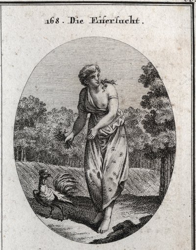 Allegory of jealousy stretching the ear on one side and watching what happens on the other. Her dress is dotted with eyes and ears and the bouquet of thorns she holds that her torment is voluntary. The rooster, jealous and vigilant, is his symbol. Engravin av Austrian School