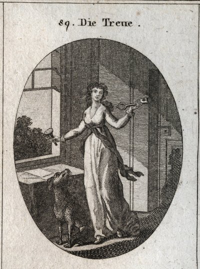 Allegory of loyalty whose symbols are the key, the seal and the dog. Engraving in “” Iconologie oder Ideen aus dem Gebiete der Leidenschaften und Allegorien bildich dargestellt fur Zeichner, Mahler, Dichter, Gelehrte, Erzieher und freunde Hoherer Geschmack av Austrian School