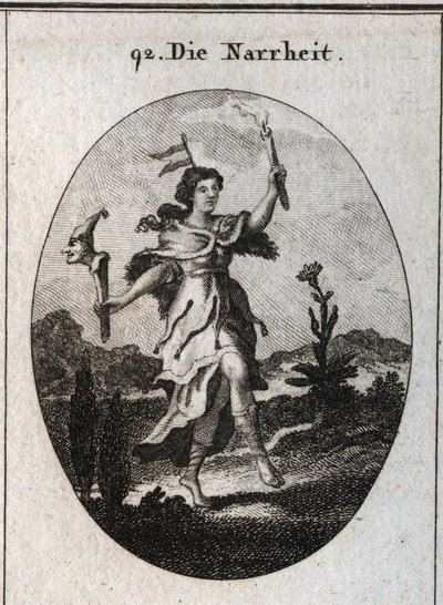 Allegory of madness. the bear skin coat desires madness that carries anger, the action of dancing emphasizes those who wear to gaiete. The vane on his head marks the instability of fantasies. It contrasts the light of a candle with the light rays of the su av Austrian School