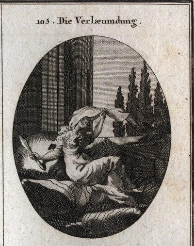 Allegory of medisance represented by an idle and soft old woman sitting on cushions. The veil indicates that she is hiding, her tongue is forked and she holds a 2-edged knife. Its small coat is made of herisson skin trimmed with iron tips. Engraving in “”  av Austrian School