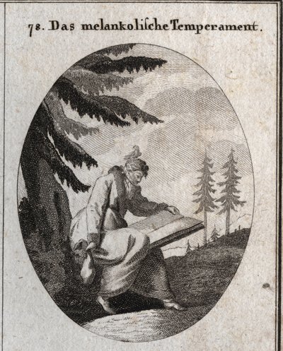 Allegory of melancholic complexion. He holds a book and a purse and his mouth is closed with a blindfold. A bird sits on his head. Engraving in “” Iconologie oder Ideen aus dem Gebiete der Leidenschaften und Allegorien bildich dargestellt fur Zeichner, Mah av Austrian School