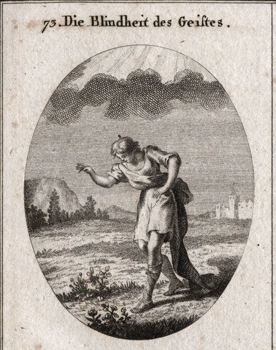 Allegory of mind blindness. A young man looks at the flowers in a meadow alluding to the delights of the earth that replenish the soul and occupy it without any profit. A cloud stops the light from punching his mind. Engraving in “” Iconologie oder Ideen a av Austrian School