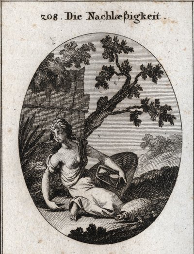 Allegory of negligence. She holds a clock with an overturned sand (hourglass). The torute is the emblem of slowness. Engraving in “” Iconologie oder Ideen aus dem Gebiete der Leidenschaften und Allegorien bildich dargestellt fur Zeichner, Mahler, Dichter,  av Austrian School