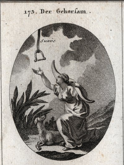 Allegory of obedience. She holds a yoke on her shoulders and moves forward to receive a brake that descends from the open sky in which the word “soft”” is read. The dog is his attribute. Engraving in “” Iconologie oder Ideen aus dem Gebiete der Leidenschaf av Austrian School