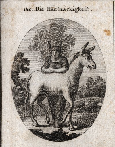 Allegory of obstinacy leaning on a mule. The donkey ears on his head are the emblem of ignorance and stubbornness. The steam around his head means his intelligence is dark. Engraving in “” Iconologie oder Ideen aus dem Gebiete der Leidenschaften und Allego av Austrian School