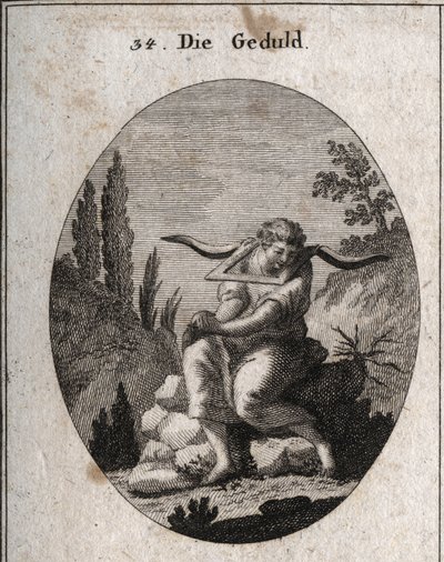 Allegori om tålmodighet sittende på småstein, føtter i torner, hender sammen og åk på skuldrene. Gravering i "" ikonologi eller ideer fra feltet lidenskaper og allegorier avbildet for tegnere, malere, poeter, lærde, lærere, etc. av Austrian School