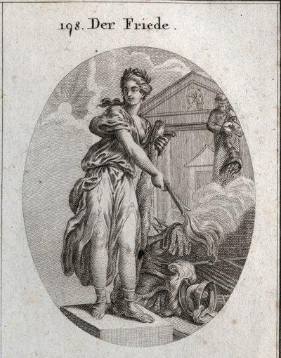 Allegori om fred. Hun bærer en krans av oliventrær og holder en kølle mens hun brenner en trofee med våpen med en fakkel. Bak den betyr statuen av Plutus at overflod og rikdom er dens fordeler. Gravering i "" Iconologie oder Ideen aus dem Gebiete av Austrian School
