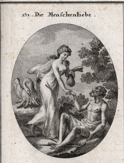 Allegory of philanthropy. She holds a scholarship and comes to rescue a poor man to whom she reaches out. His attribute is a pelican that opens his breast to feed his young. Engraving in “” Iconologie oder Ideen aus dem Gebiete der Leidenschaften und Alleg av Austrian School