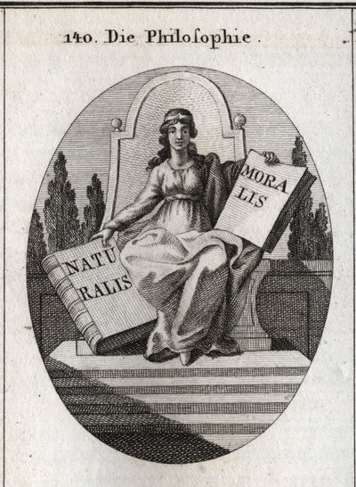 Allegory of philosophy sitting on a marble trone above several steps. She has a golden diademe on the forehead and holds two open books “” Naturalis”” (Nature) and “” Moralis”” (Morale) Engraving in “” Iconologie oder Ideen aus dem Gebiete der Leidenschaft av Austrian School