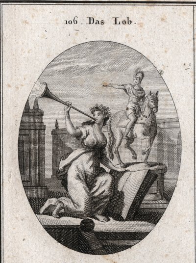 Allegory of praise holding a book to show that it passes posterite through the help of scriptures. It sounds a trumpet from which the glare of rename comes out. The equestrian statue is there for the praise of heros. Engraving in “” Iconologie oder Ideen a av Austrian School