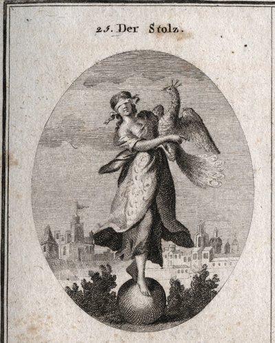 Allegori om stolthet representert av en ung jente med bind for øynene plassert på et ballemblem av hennes lille soliditt. Påfuglen symboliserer den fantastiske ånden. De rike klærne dekker de fattige klærne hennes for å vise utendørs. Gravering i "" Iconol av Austrian School