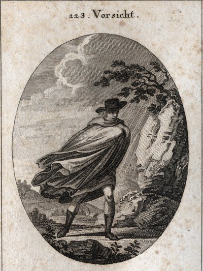 Allegory of providence. Expression: When the weather is nice, take your coat, when it rains, take it, if you want. Engraving in “” Iconologie oder Ideen aus dem Gebiete der Leidenschaften und Allegorien bildich dargestellt fur Zeichner, Mahler, Dichter, Ge av Austrian School