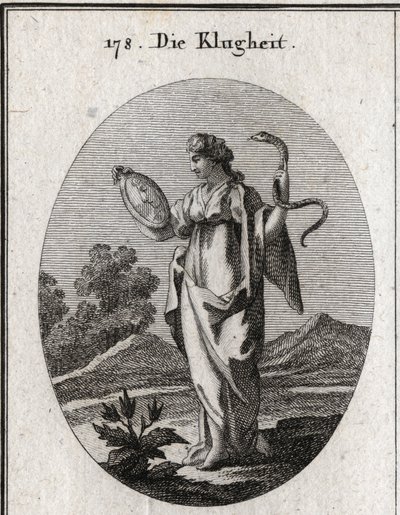 Allegori om forsiktighet, dens vanlige attributter er speilet og slangen. Hun har to ansikter, et ungt menneske for forventning om fremtiden og et gammelt for å ta hensyn til fortiden. Gravering i "" Iconologie oder Ideen aus dem Gebiete der Lei av Austrian School