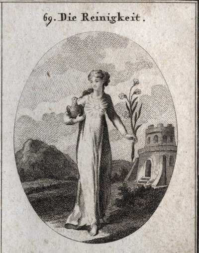 Allegory of purete. His attributes are the dove and the lily, symbols of candor. Engraving in “” Iconologie oder Ideen aus dem Gebiete der Leidenschaften und Allegorien bildich dargestellt fur Zeichner, Mahler, Dichter, Gelehrte, Erzieher und freunde Hoher av Austrian School