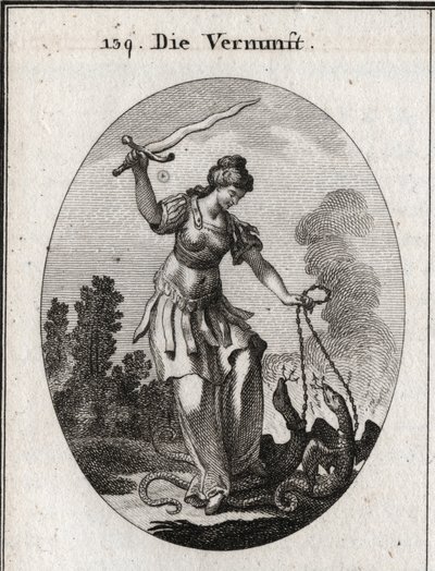 Allegory of reason, she holds a flamboyant sword from which she threatens the vices represented by snakes that she holds chains. Engraving in “” Iconologie oder Ideen aus dem Gebiete der Leidenschaften und Allegorien bildich dargestellt fur Zeichner, Mahle av Austrian School
