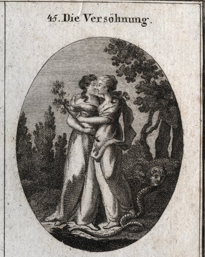 Allegory of reconciliation characterised by two women who kiss each other. One holds an olive branch, symbol of peace, and the other crowd under its feet a snake with human faces, emblem of fraud and mechancete. Engraving in “” Iconologie oder Ideen aus de av Austrian School