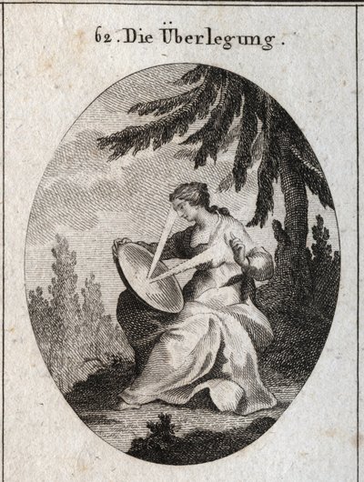 Allegory of reflection. A ray of light starts from his heart strikes the mirror on his knees and reflects the light on his forehead. Engraving in “” Iconologie oder Ideen aus dem Gebiete der Leidenschaften und Allegorien bildich dargestellt fur Zeichner, M av Austrian School