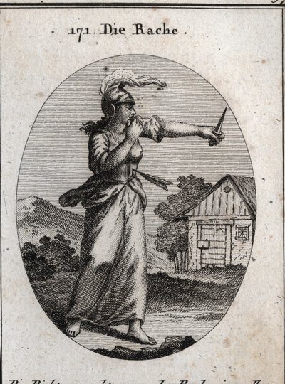 Allegory of revenge with a breastplate and a helmet on which a flame shines. She bits her finger and looks at a dagger. The arrow that pierces her means that revenge takes place only after an offense received. Engraving in “” Iconologie oder Ideen aus dem  av Austrian School
