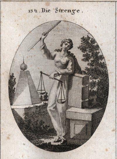 Allegory of rigor represents under a ferocity aspect holding with the right hand a rod of high iron and relying from the left on the book of laws. It has in the same hand a balance, one of which prevails over the other. Engraving in “” Iconologie oder Idee av Austrian School