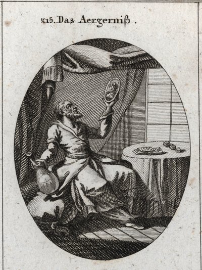 Allegory of scandal. He holds with one hand a bottle and on the other a portrait of a young woman and near a table on which are playing cards and games. Engraving in “” Iconologie oder Ideen aus dem Gebiete der Leidenschaften und Allegorien bildich dargest av Austrian School