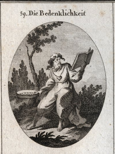 Allegory of scruples represented by an old man with a gold chain to which is attached a heart emblem of candor and good advice. He maintains a calendar that he carefully considers and a sieve that is the attribute of the distinction between good and evil.  av Austrian School