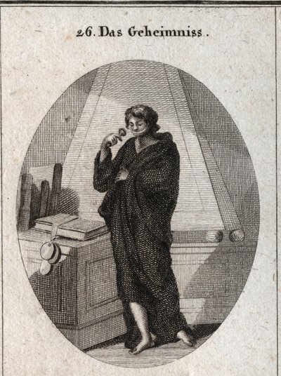 Allegory of secret covered in black to bury in oblivion the secrets entrusted to him. He has a headband on his mouth to which he adds a stamp. Engraving in “” Iconologie oder Ideen aus dem Gebiete der Leidenschaften und Allegorien bildich dargestellt fur Z av Austrian School