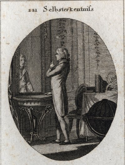 Allegory of self-knowledge. A young man faces a mirror. Engraving in “” Iconologie oder Ideen aus dem Gebiete der Leidenschaften und Allegorien bildich dargestellt fur Zeichner, Mahler, Dichter, Gelehrte, Erzieher und freunde Hoherer Geschmacksbildung” (Ic av Austrian School