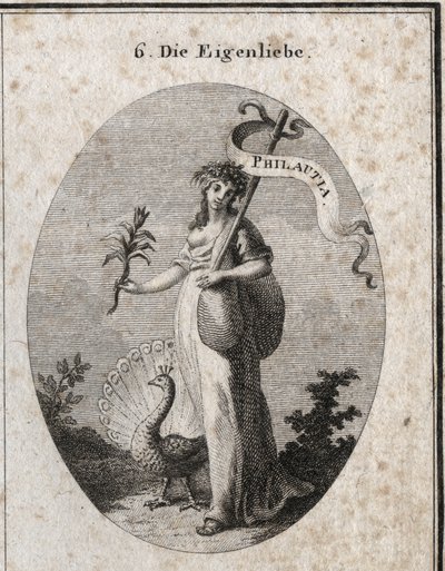 Allegori om egenkjærlighet representert som en ung kvinne som lukker en pose som symboliserer sine feil med en baguette som den greske oversettelsen "" Philautia"" er innskrevet på. Egenskaper: påfuglen som lager hjulet og narcissusblomsten. Gravering i "" av Austrian School