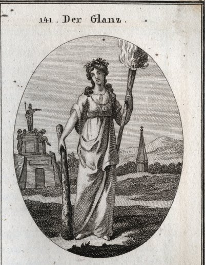 Allegory of splendor. The club on which it relies is the symbol of virtues. The chain and the gold medal are the reward. The light torch is light to beautiful deeds. Engraving in “” Iconologie oder Ideen aus dem Gebiete der Leidenschaften und Allegorien bi av Austrian School