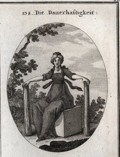 Allegory of stability sitting on a marble cube with two piles plumb plants in the earth. Engraving in “” Iconologie oder Ideen aus dem Gebiete der Leidenschaften und Allegorien bildich dargestellt fur Zeichner, Mahler, Dichter, Gelehrte, Erzieher und freun av Austrian School