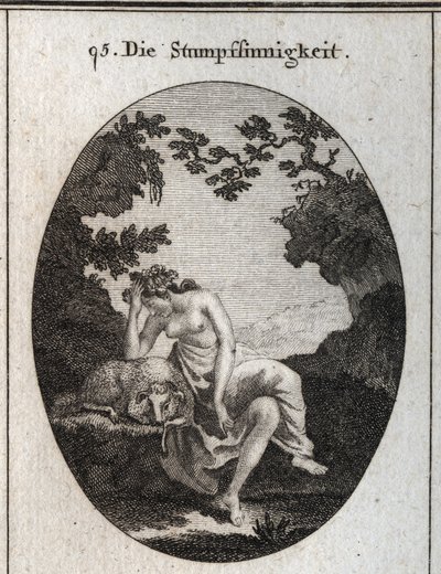 Allegori om dumhet. Den lener seg på en sau, naturlig dumt dyr. Gravering i "" ikonologi eller ideer fra feltet lidenskaper og allegorier avbildet for tegnere, malere, poeter, lærde, lærere og venner av høyere samfunn av Austrian School