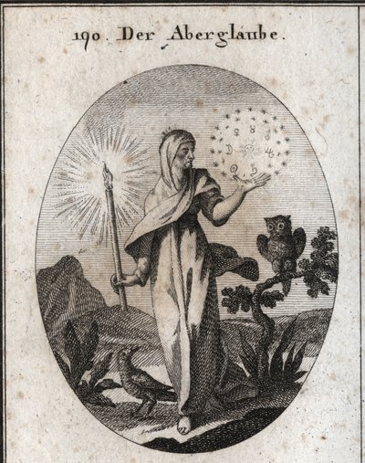 Allegori om overtro. Hun holder et stearinlys og en sirkel av stjerner som omgir tegnene til de syv planetene som hun anser for å være engstelige. Dens attributter er uglen og kråken. Gravering i "" Iconologie oder Ideen aus dem Gebiete der Lei av Austrian School