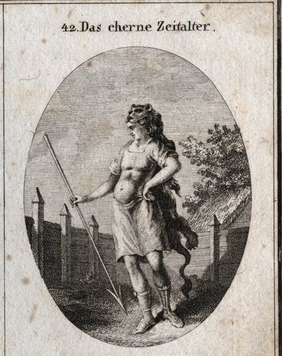 Allegory of the Copper Age representerer som en vaktpost nær et gjerde i en stolt holdningsvåpen av et korselett og et spyd og hette av en løveskinn. Gravering i "" ikonologi eller ideer fra feltet lidenskaper og allegorier billedlig avbildet fu av Austrian School