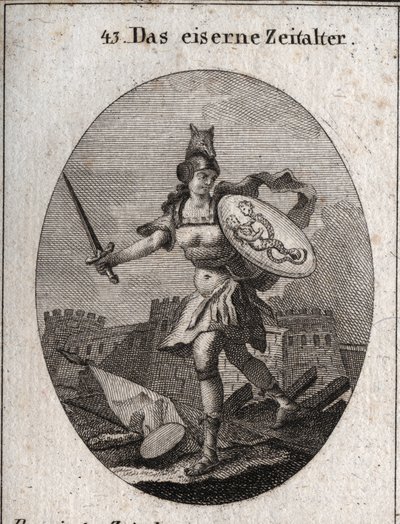 Allegory of the Iron Age that is characterized by violence, bad faith and treason. Of feroce appearance, she is armed with a helmet in the head of a wolf, holds a sword and a shield where fraud and vice are represented (siren and snake with human faces). E av Austrian School
