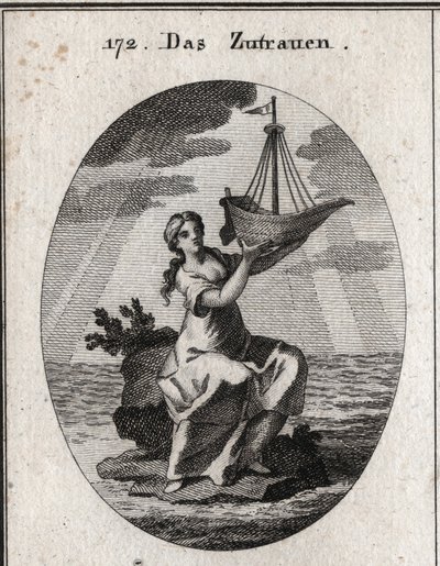Allegory of the confidence represented by a woman sitting on a place in the middle of the sea and holding in her hand a ship she raised. Engraving in “” Iconologie oder Ideen aus dem Gebiete der Leidenschaften und Allegorien bildich dargestellt fur Zeichne av Austrian School