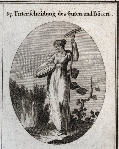 Allegory of the distinction between good and bad. The sieve separates the good grain from the chaff and the rake is used to remove weeds. Engraving in “” Iconologie oder Ideen aus dem Gebiete der Leidenschaften und Allegorien bildich dargestellt fur Zeichn av Austrian School