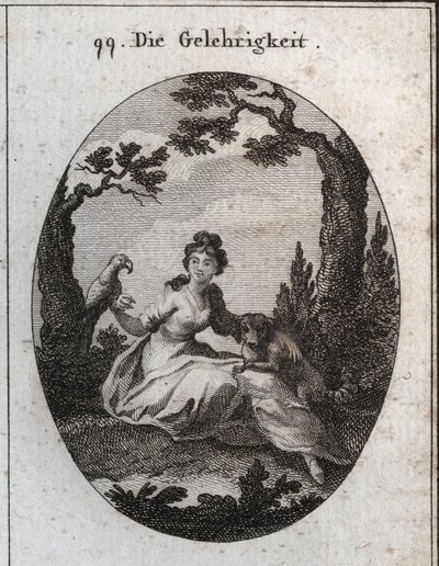 Allegory of the docilite. His attributes are the parakeet and the little dog because of their obedience and desire to please. Engraving in “” Iconologie oder Ideen aus dem Gebiete der Leidenschaften und Allegorien bildich dargestellt fur Zeichner, Mahler,  av Austrian School