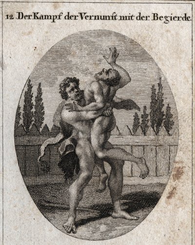 Allegori om kampen mellom fornuft og appetitt. Den jordiske og kjødelige appetitten er skildret av Ante og Hercules (Herakles) symboliserer fornuft, styrke og mot som tar bort og kveler Ante. Gravering i "" Iconologie oder Ideen aus dem Gebiete der Le av Austrian School