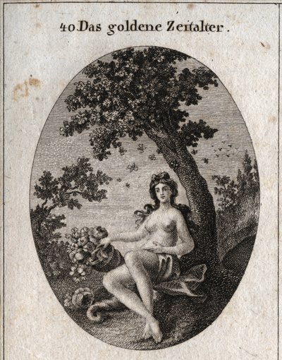 Allegory of the golden age represents with a horn of abundance of fruit, sitting beside an olive tree symbol of peace in the midst of which is a swarm of bees. Engraving in “” Iconologie oder Ideen aus dem Gebiete der Leidenschaften und Allegorien bildich  av Austrian School